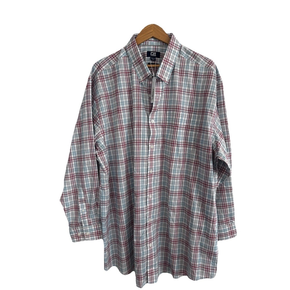 CUTTER & BUCK MENS Sz 2XB Non Iron Button Up Plaid Red Blue L/S Shirt New